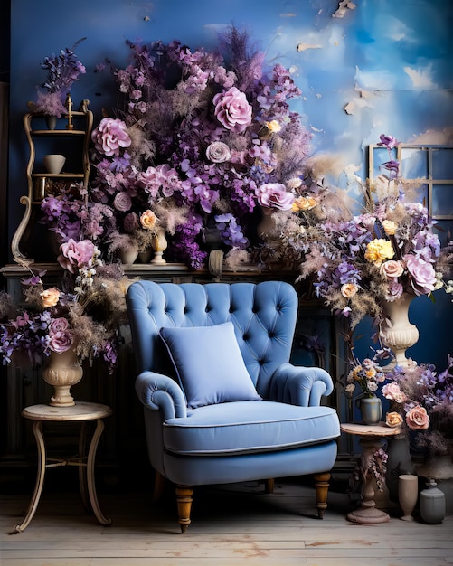 Chaise de luxe dans une belle chambre florale rustique colorée