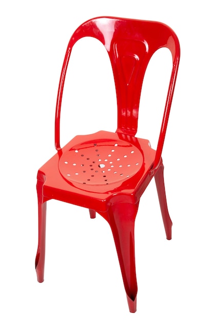 Chaise en métal industriel en acier rouge isolé sur fond blanc