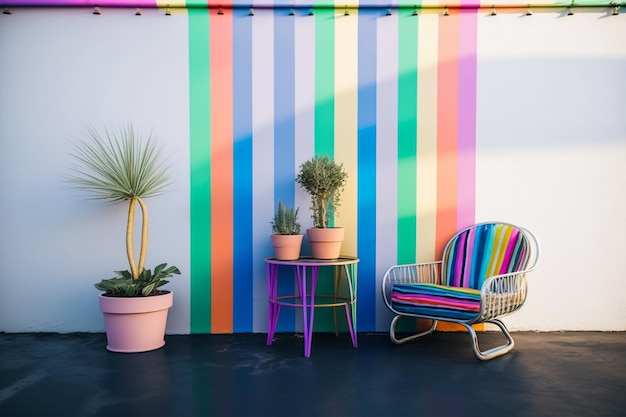 Une chaise en métal et une table à café placées devant des plantes en pot de Rainbow Stripe Wall sur le côté