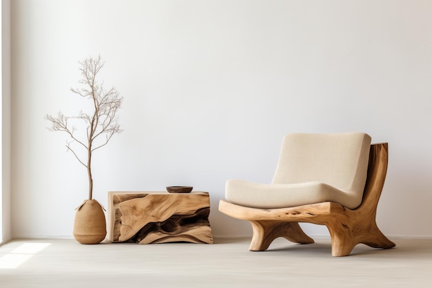 Photo chaise minimaliste en drap beige contre le mur blanc avec des éléments en bois