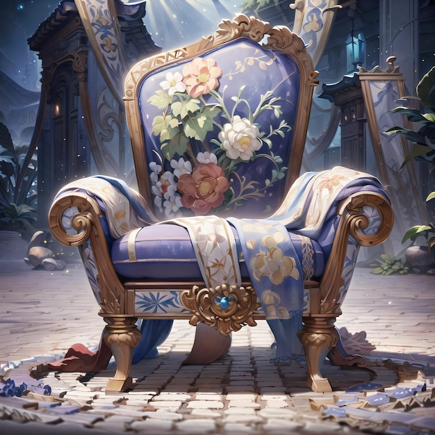 Une chaise avec un motif floral est assise dans une cour.