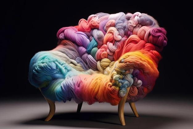 une chaise multicolore faite de fil tricoté dans le style de Nick Knight