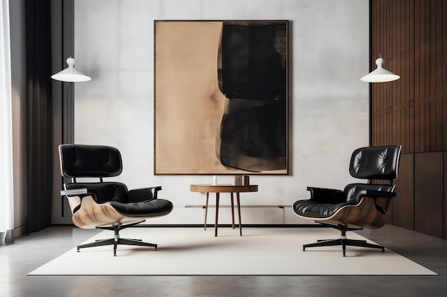 Une chaise noire dans une pièce avec un tableau au mur