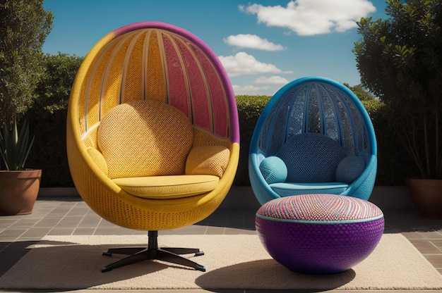 une chaise à œufs colorée avec un motif hexa sur elle