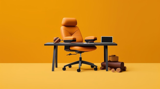 Une chaise orange se trouve devant un bureau avec un ordinateur portable et un livre.