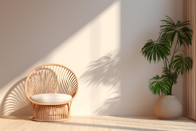 Chaise en osier et plantez un panier dans l'espace avec une voûte en bois ai générer