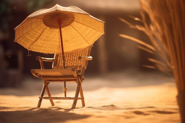 Une chaise avec un parapluie est assise dans le sable.