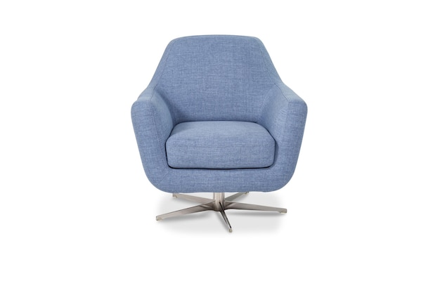 Une chaise pivotante bleue avec un fond blanc.