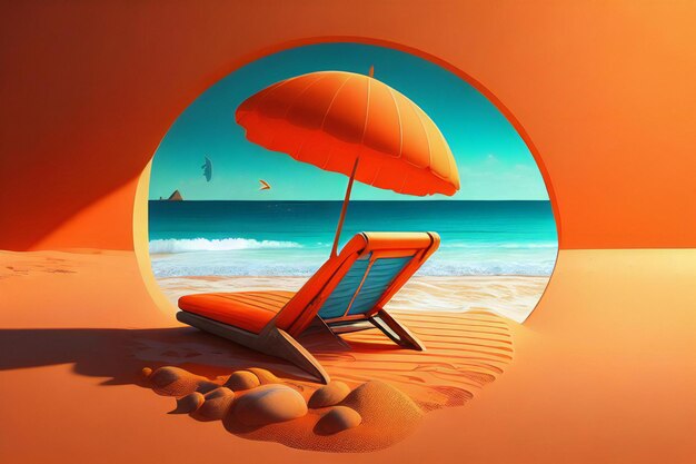 une chaise de plage assise sur une plage de sable 3d illustrations épiques palette orange