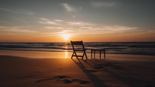 Une chaise sur la plage au coucher du soleil avec le coucher de soleil derrière elle