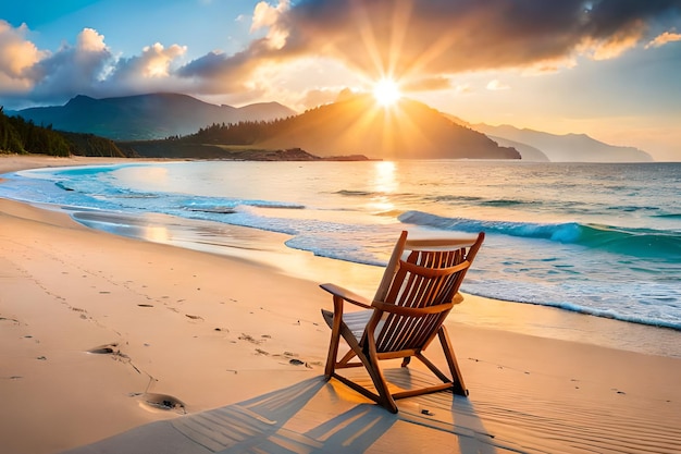 Une chaise sur une plage avec le coucher de soleil derrière elle