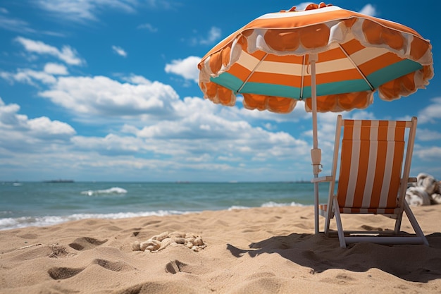 Chaise de plage déserte sous parasol