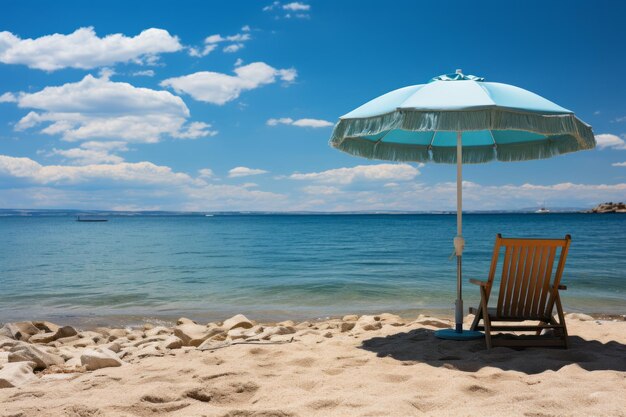 Chaise de plage déserte sous parasol