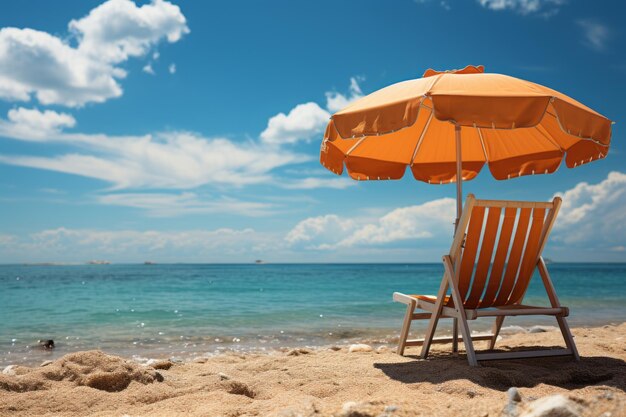 Chaise de plage déserte sous parasol