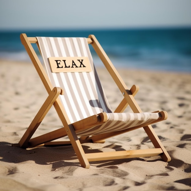 Une chaise de plage avec le mot elax dessus