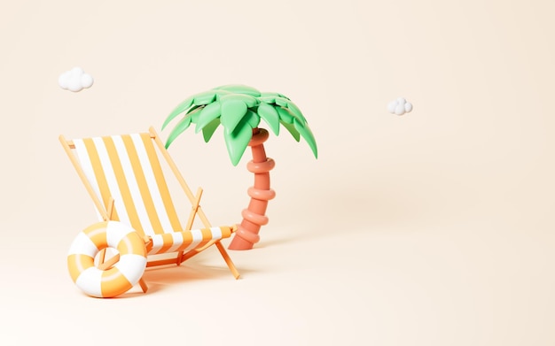 Chaise de plage et palmier thème de voyage d'été rendu 3d