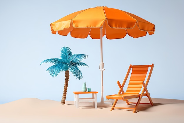 Chaise de plage, parapluie et palmier sur sable