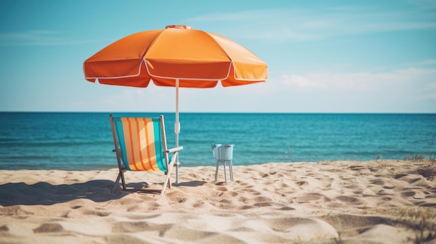 Une chaise de plage et un parapluie sur la plage