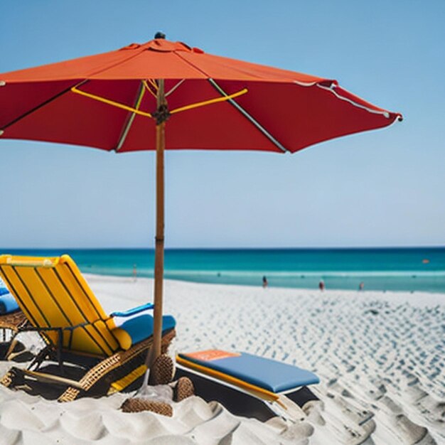 Une chaise de plage avec un parapluie rouge dessus