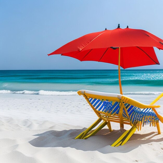 Une chaise de plage avec un parapluie rouge et l'océan en arrière-plan.