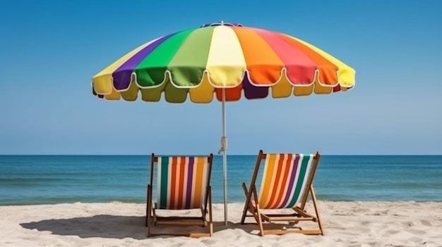 Chaise de plage avec parasol sur un beau sable blanc sur un magnifique ciel bleu et l'océan vacances liberté concept générative ai