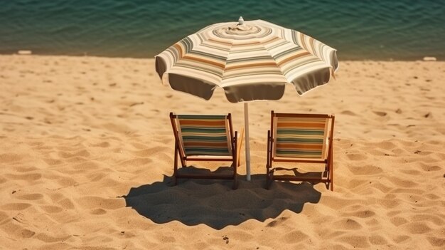 Chaise de plage avec parasol sur un beau sable blanc sur un magnifique ciel bleu et l'océan vacances liberté concept générative ai