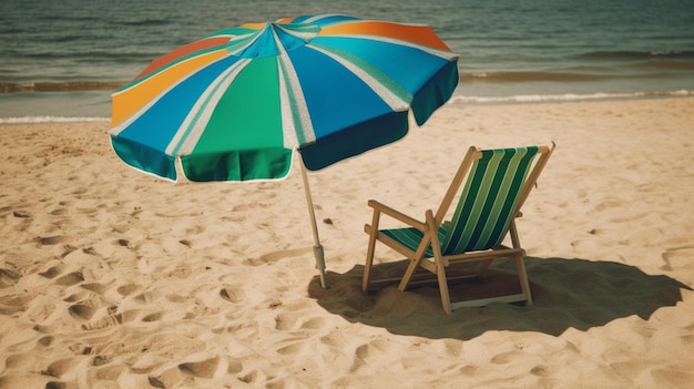 Chaise de plage avec parasol sur un beau sable blanc sur un magnifique ciel bleu et l'océan vacances liberté concept générative ai