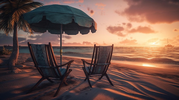 Chaise de plage et parasol avec un palmier Generative Ai