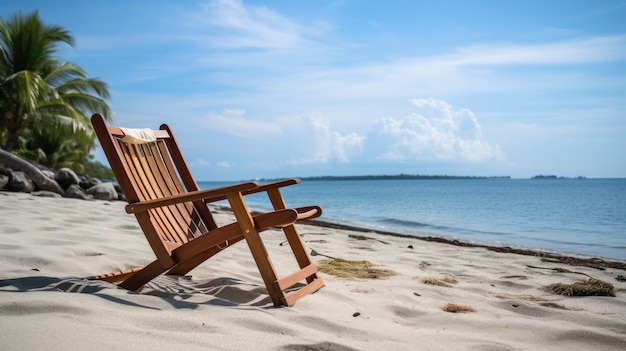 Une chaise de plage sur la plage avec un ciel bleu et des nuages en arrière-plan.