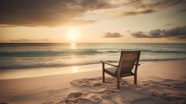 Une chaise de plage sur une plage avec le coucher de soleil derrière elle