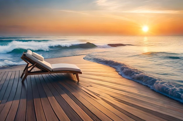 Une chaise de plage sur une plage avec le coucher de soleil derrière elle.