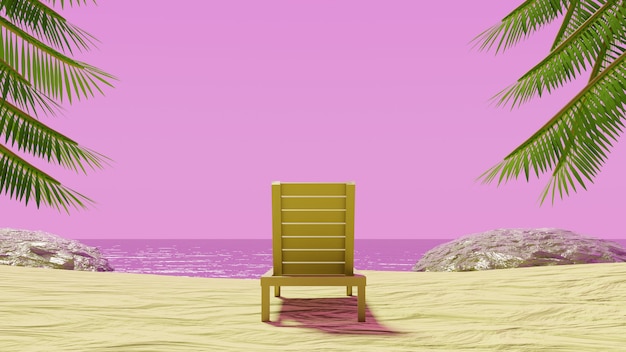 chaise de plage profitant de la plage ciel rose rendu 3d été fond tropical