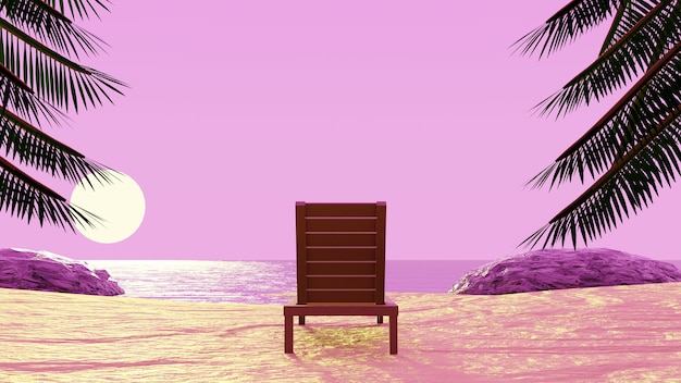 Chaise de plage profitant de la plage coucher de soleil ciel rose rendu 3d fond tropical d'été