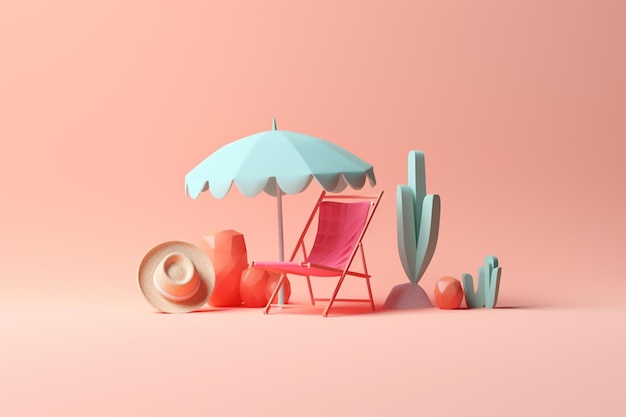 Une chaise de plage rose avec un parapluie bleu se trouve devant un cactus et un chapeau.