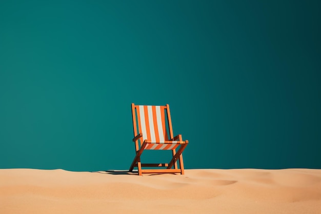 Une chaise de plage se trouve dans le sable devant un mur bleu.
