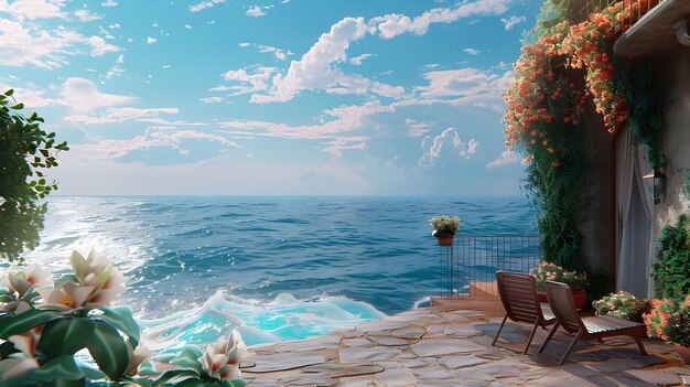 Une chaise de plage tranquille, un océan, une boisson rafraîchissante, un parapluie de plage, une couverture d'étoiles, un ciel Ai généré.