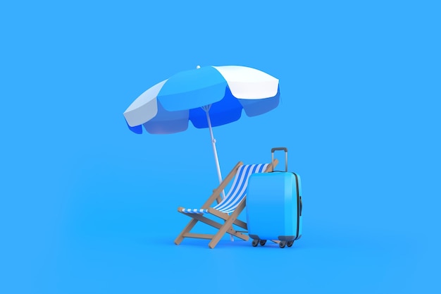 Chaise de plage à valise et parapluie sur un fond bleu Concept d'été Illustration de rendu 3D