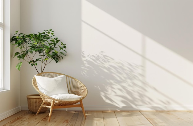 une chaise et une plante dans une pièce avec une plante sur le mur