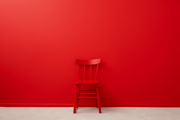 Une chaise en plastique rouge sur un mur blanc.