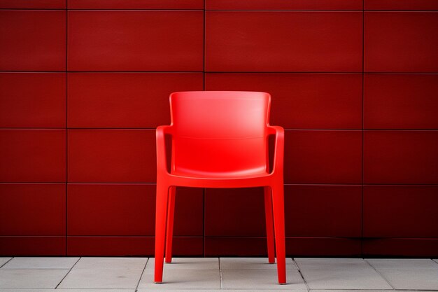 Une chaise en plastique rouge sur un mur blanc.