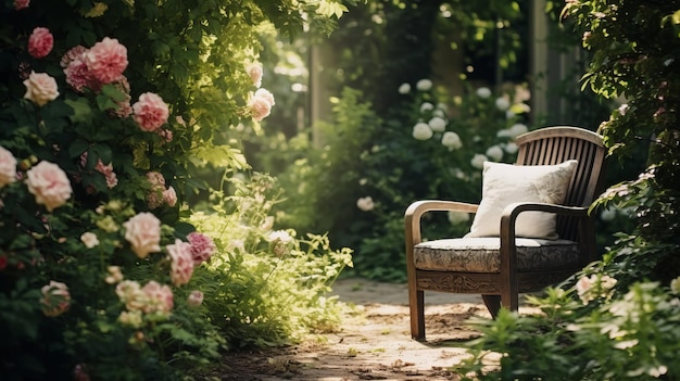 Une chaise posée au milieu d'un jardin