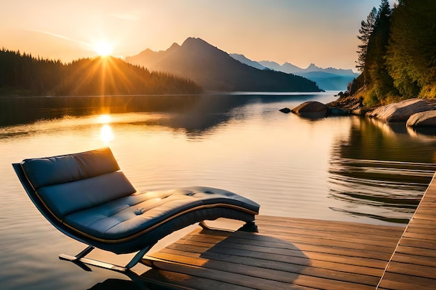 Photo une chaise sur un quai avec des montagnes en arrière-plan