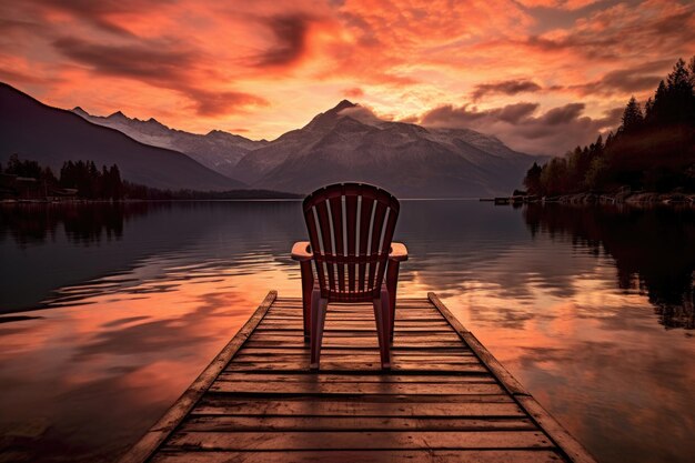 Une chaise sur un quai surplombant un lac calme avec le soleil couchant derrière les montagnes