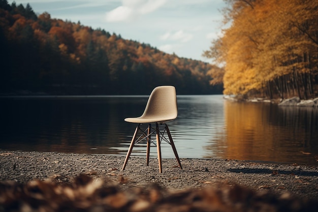 Une chaise qui se trouvait au bord d'un lac en arrière-plan une forêt d'automne