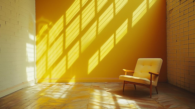 une chaise à rayures dans une pièce avec un mur jaune et un mur de briques génératif ai