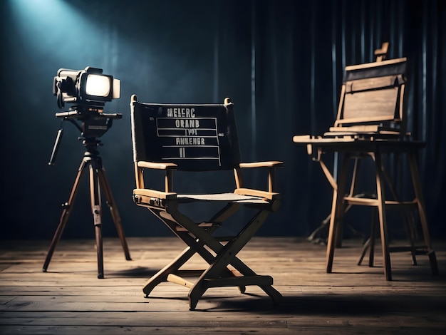Une chaise de réalisateur vide devant un plateau de tournage vide Dessin d'arrière-plan sombre Chaise noire vide