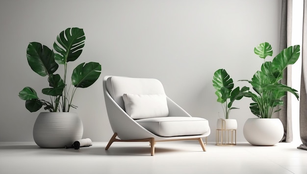 Chaise relaxante 3D avec des plantes sur fond blanc