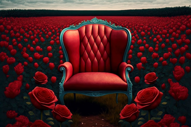 Chaise rembourrée en cuir rouge solitaire dans un champ de roses AIGenerated