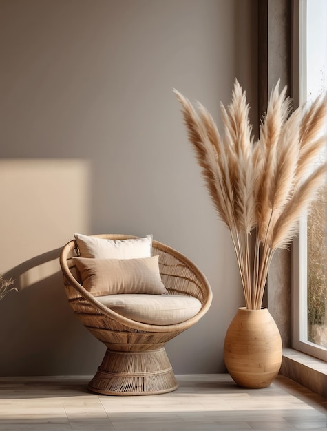 Chaise ronde en bois et vase avec de l'herbe de pampas contre la fenêtre près du mur de stuc beige avec espace de copie