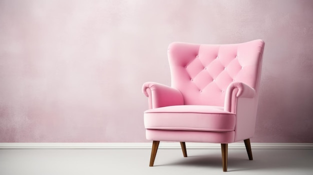 Une chaise rose assise devant un mur rose